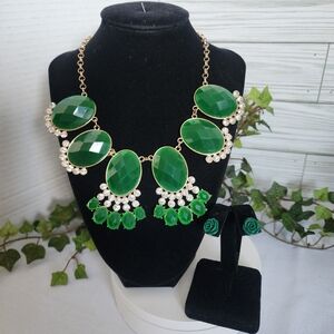 Gold and Green Statement Necklace with Earrings Set
